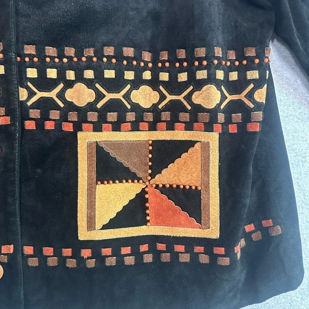 VTG Jon Lawrence LTD Leather Suede Southwest Aztec Beaded Lined Coat Womens L